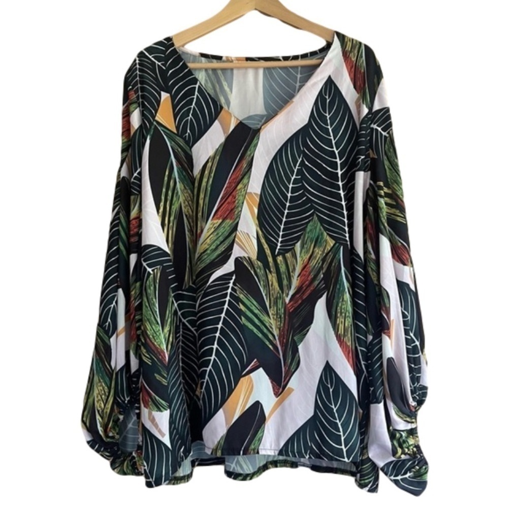 Tropical print balloon sleeve lightweight v-neck plus size 2X blouse